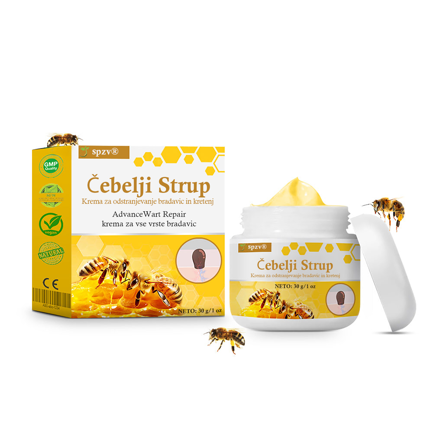 🐝𝐒𝐩𝐳𝐯® Č𝐞𝐛𝐞𝐥𝐣𝐢 𝐒𝐭𝐫𝐮𝐩 𝐊𝐫𝐞𝐦𝐚 𝐳𝐚 𝐨𝐝𝐬𝐭𝐫𝐚𝐧𝐣𝐞𝐯𝐚𝐧𝐣𝐞 𝐛𝐫𝐚𝐝𝐚𝐯𝐢𝐜 𝐢𝐧 𝐤𝐫𝐞𝐭𝐞𝐧𝐣, Certificirano s strani JAZMP (Slovenska agencija za zdravila in medicinske pripomočke) 💖 Zdravi bradavice, kožne izrastke, okužbe in keratozo, gladi neenakomerno kožo