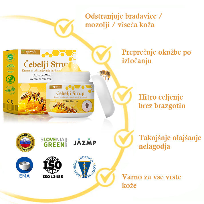 🐝𝐒𝐩𝐳𝐯® Č𝐞𝐛𝐞𝐥𝐣𝐢 𝐒𝐭𝐫𝐮𝐩 𝐊𝐫𝐞𝐦𝐚 𝐳𝐚 𝐨𝐝𝐬𝐭𝐫𝐚𝐧𝐣𝐞𝐯𝐚𝐧𝐣𝐞 𝐛𝐫𝐚𝐝𝐚𝐯𝐢𝐜 𝐢𝐧 𝐤𝐫𝐞𝐭𝐞𝐧𝐣, Certificirano s strani JAZMP (Slovenska agencija za zdravila in medicinske pripomočke) 💖 Zdravi bradavice, kožne izrastke, okužbe in keratozo, gladi neenakomerno kožo